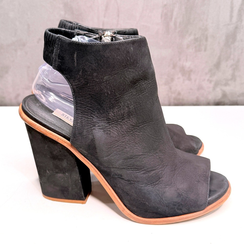 Steve Madden Valencia Booties Womens 10 Black Leather Open Toe Cutout Block Heel